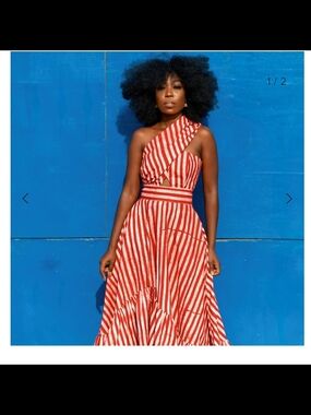 Sika Red and White Striped One-Shoulder Maxi Dress
